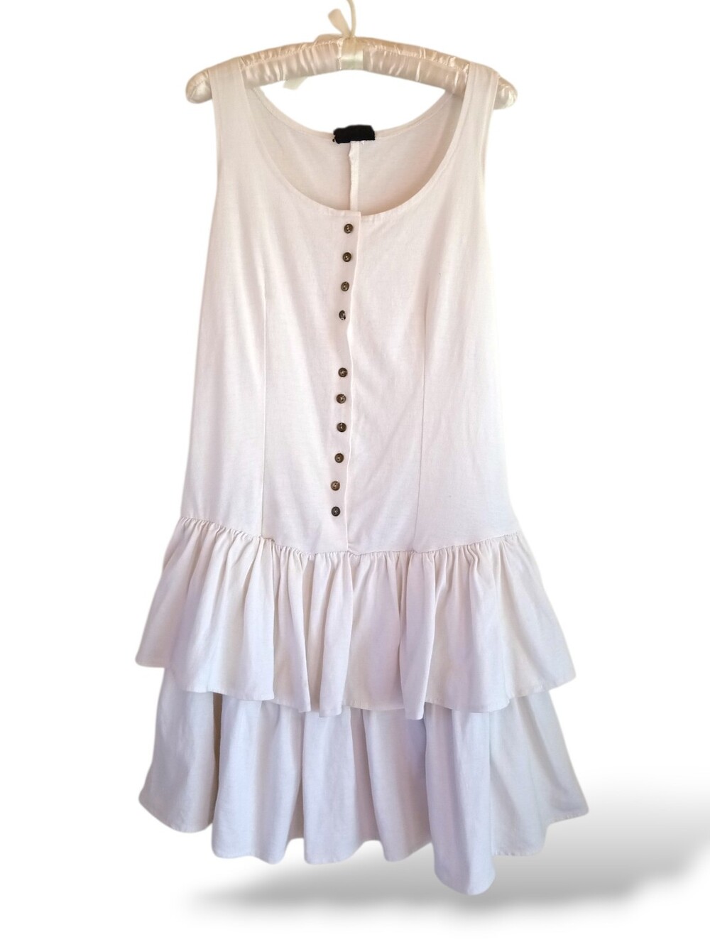 Vintage White Ruffle Button Front Dress Drop Waist Retro Summer Femme Tiered LG